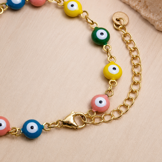 「XINXINIO」カラフルイービルアイ ゴールドブレスレット、彩りお守り、幸運、Evil Eye