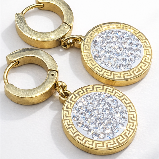 【星河回纹】ギリシャキー パヴェラウンドプレート フープピアス（上品にきらめく）