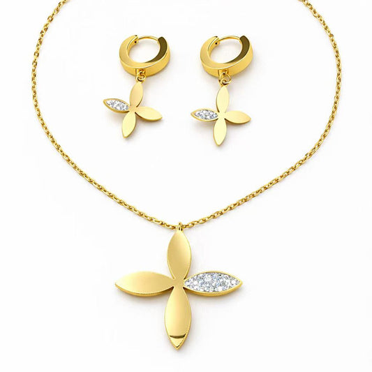 フラワーペタル ジュエリーセット ネックレス ピアス 2点セット四つ葉 幸運