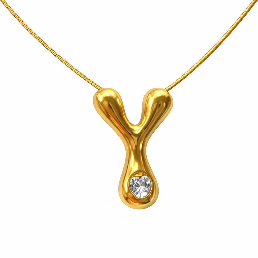 「XINXINIO」イニシャルゴールドリボンネックレス A-Z 、ダイヤモンド付き、自由に選択、立体アルファベットネックレス