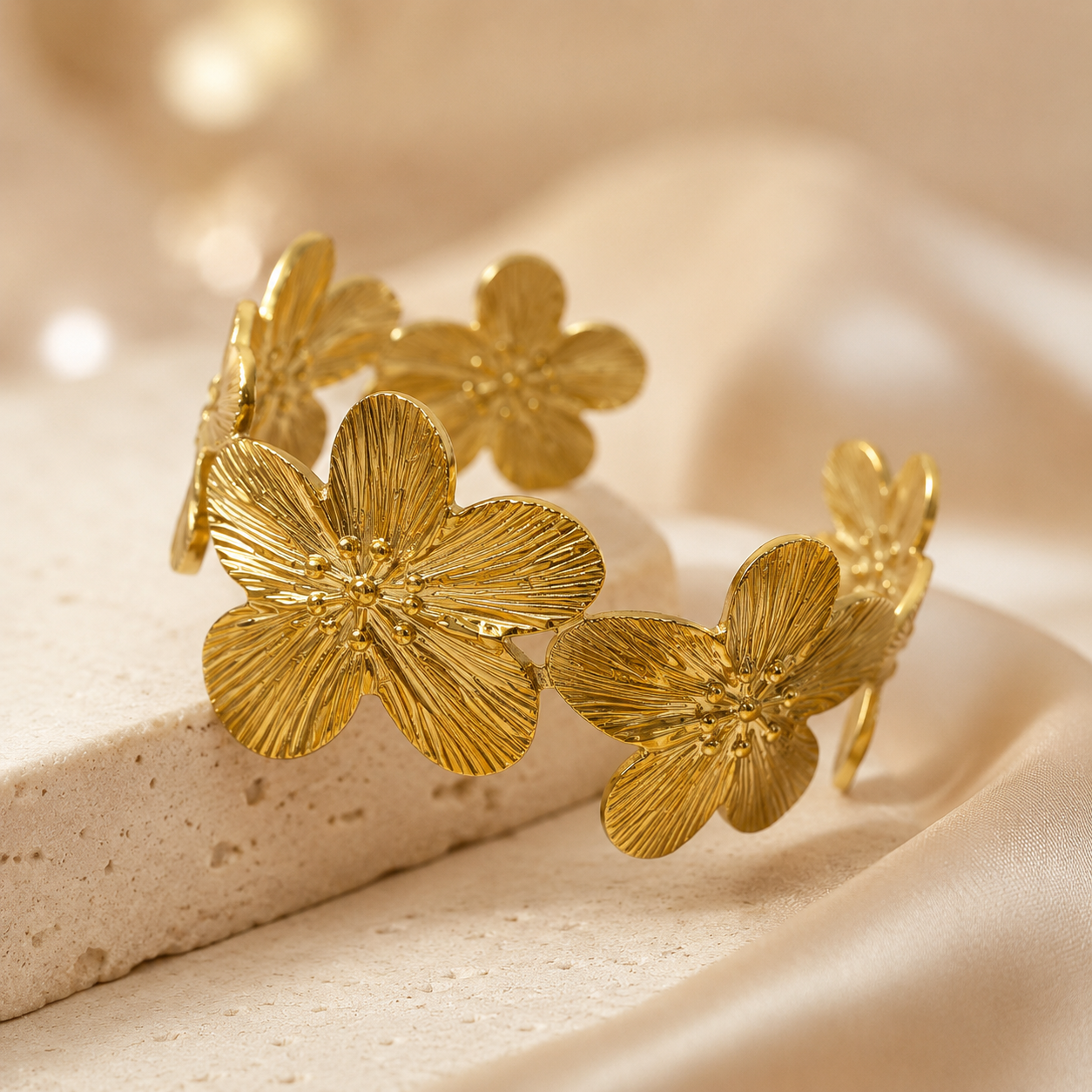 「XINXINIO」 花咲くゴールドブレスレット バングル 手元に咲く 金色の花 フラワーモチーフ