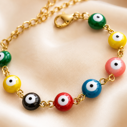 「XINXINIO」カラフルイービルアイ ゴールドブレスレット、彩りお守り、幸運、Evil Eye
