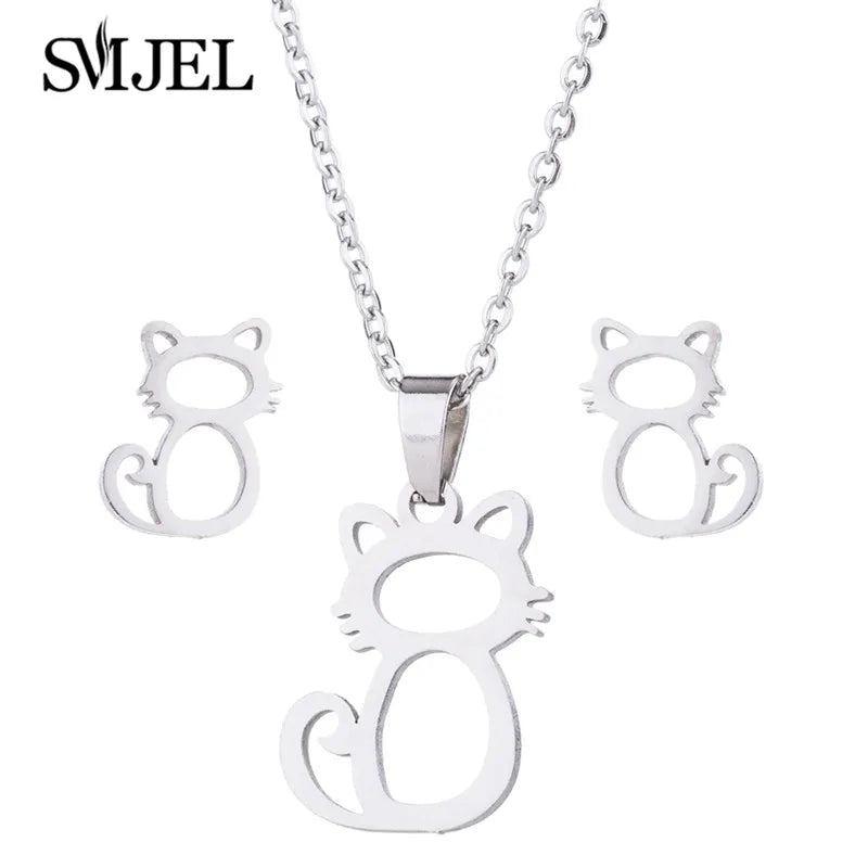 Lovely Gold Color Kitten Cat Stainless Steel Jewelry Set Necklaces Men Collares Fashion Hollow Cat Earring Necklace Paw Jewelry
