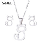 Lovely Gold Color Kitten Cat Stainless Steel Jewelry Set Necklaces Men Collares Fashion Hollow Cat Earring Necklace Paw Jewelry