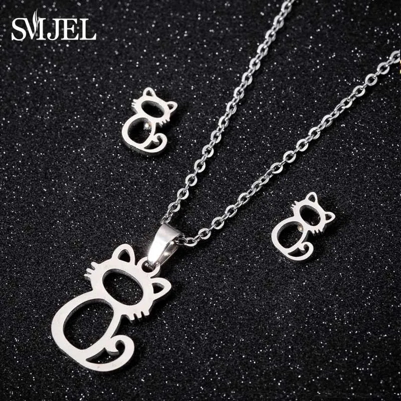 Lovely Gold Color Kitten Cat Stainless Steel Jewelry Set Necklaces Men Collares Fashion Hollow Cat Earring Necklace Paw Jewelry