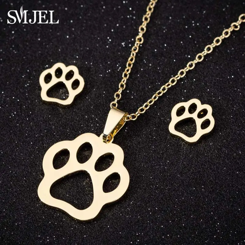 Lovely Gold Color Kitten Cat Stainless Steel Jewelry Set Necklaces Men Collares Fashion Hollow Cat Earring Necklace Paw Jewelry