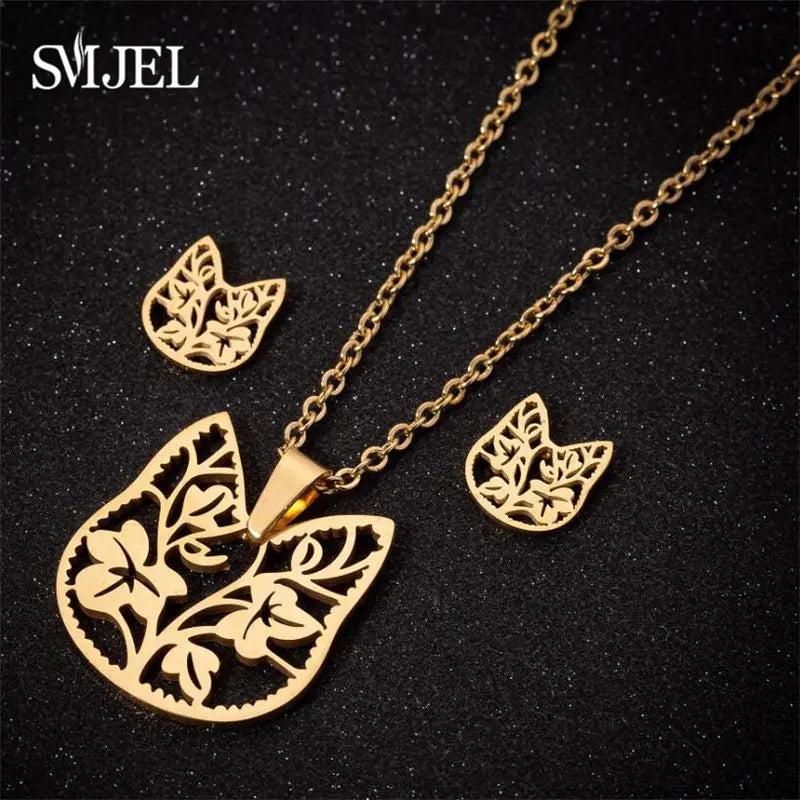 Lovely Gold Color Kitten Cat Stainless Steel Jewelry Set Necklaces Men Collares Fashion Hollow Cat Earring Necklace Paw Jewelry