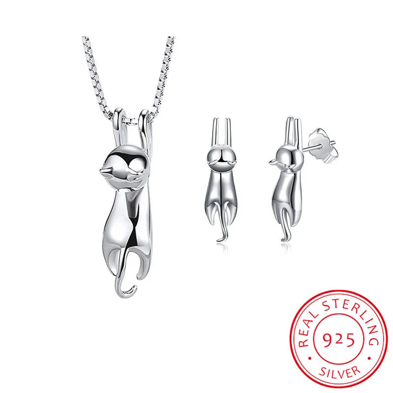 Wedding Bridal Jewelry Sets for Women 925 Sterling Silver Cute Cat Earrings Long Chain Necklaces Pendant Party Gifts
