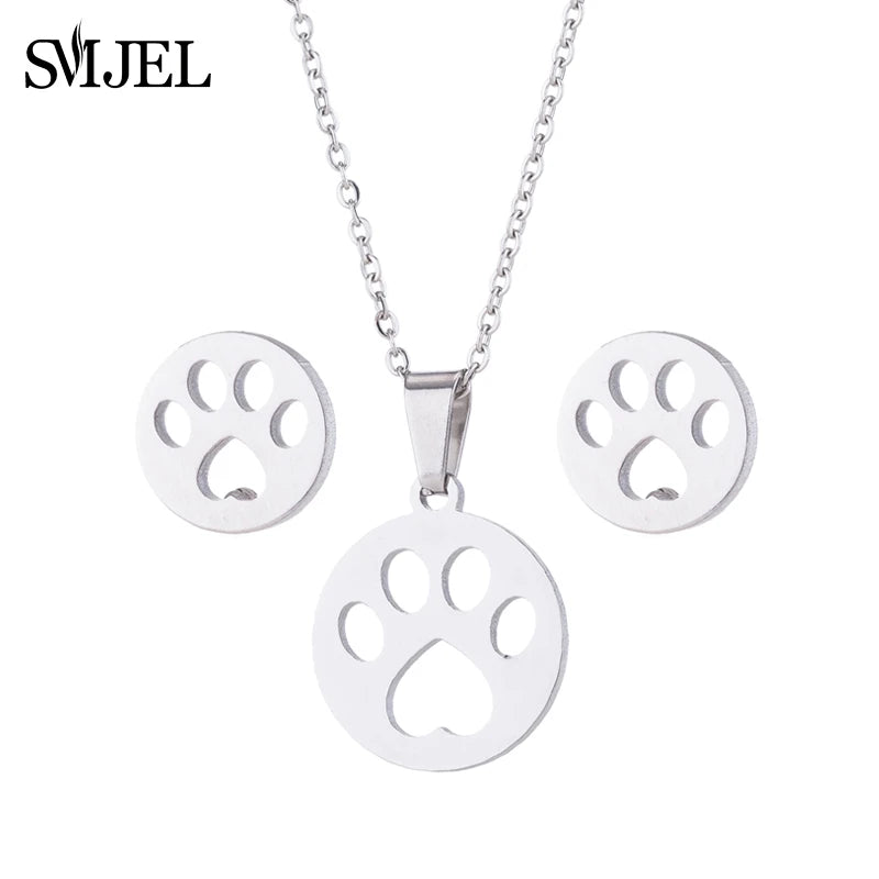 Lovely Gold Color Kitten Cat Stainless Steel Jewelry Set Necklaces Men Collares Fashion Hollow Cat Earring Necklace Paw Jewelry