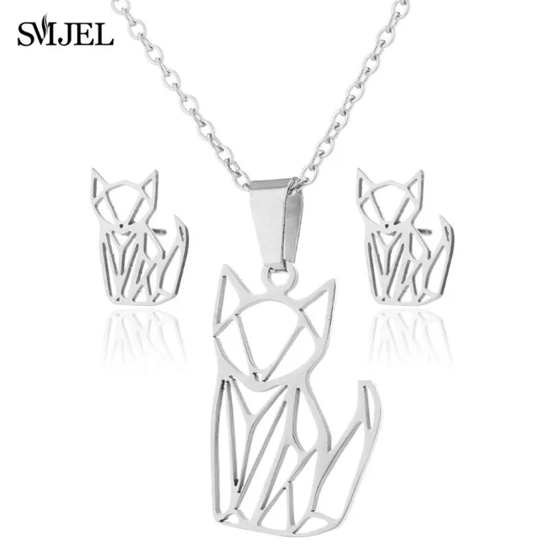 Lovely Gold Color Kitten Cat Stainless Steel Jewelry Set Necklaces Men Collares Fashion Hollow Cat Earring Necklace Paw Jewelry