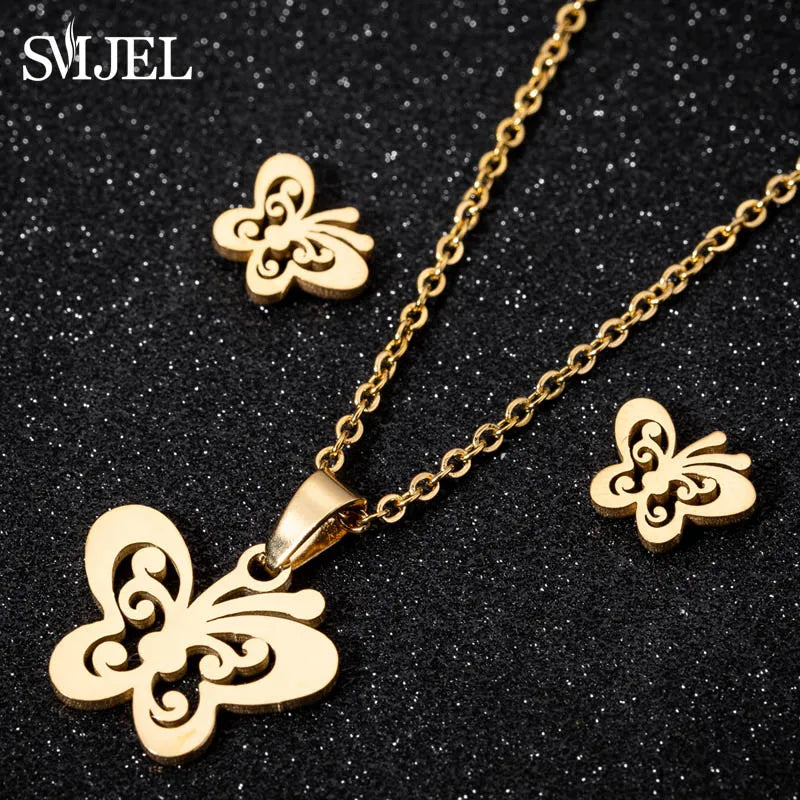Lovely Gold Color Kitten Cat Stainless Steel Jewelry Set Necklaces Men Collares Fashion Hollow Cat Earring Necklace Paw Jewelry