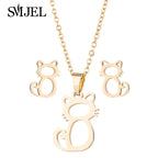 Lovely Gold Color Kitten Cat Stainless Steel Jewelry Set Necklaces Men Collares Fashion Hollow Cat Earring Necklace Paw Jewelry