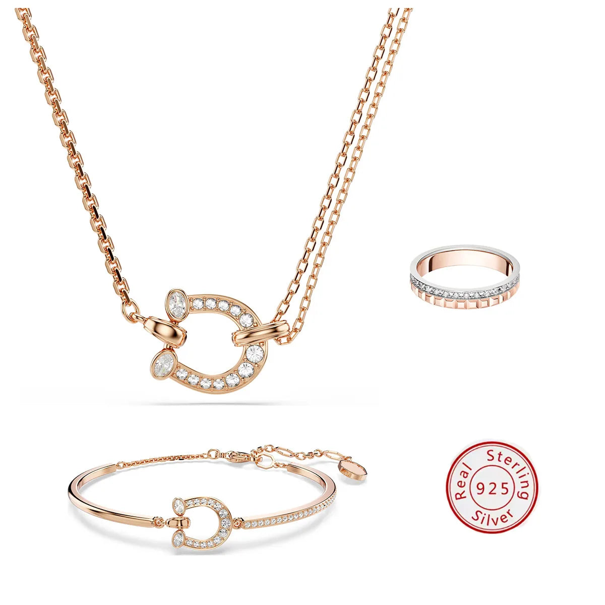 New Women's Jewelry Set Rose Gold Horseshoe Crystal Necklace+Bracelet+Ring Fashionable and Elegant Party Daily Accessories Gift