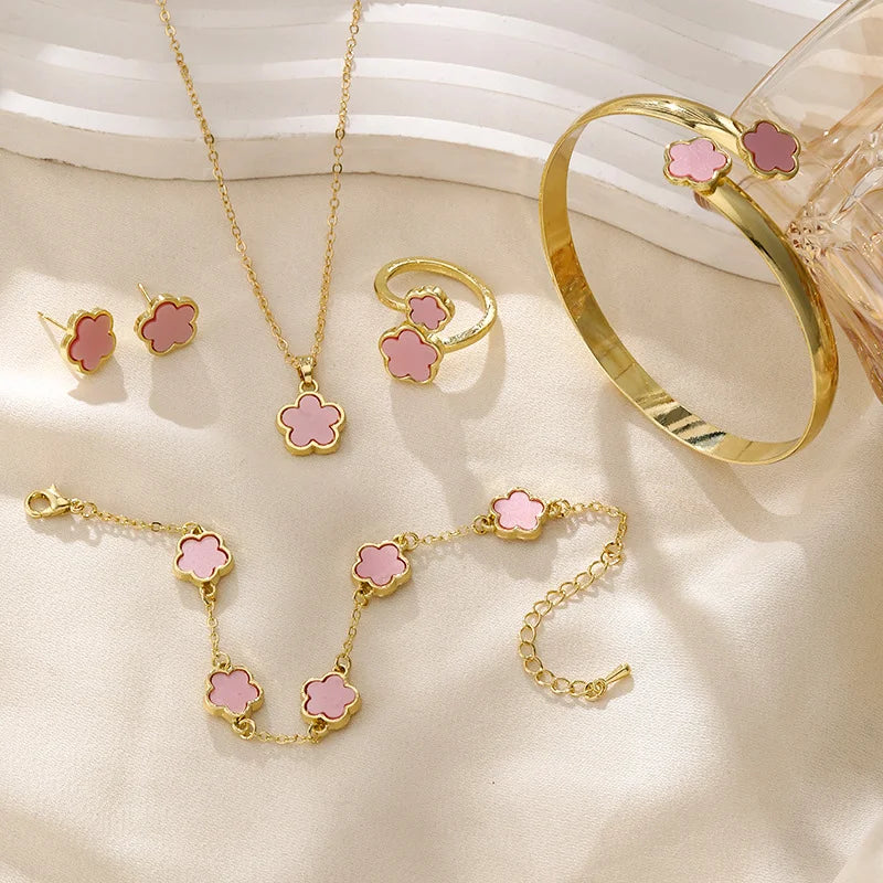 6PCS Women's Jewelry Set, Fashion Casual Flower Necklace Bracelet Earrings Ring Set, Suitable for Daily Wear and Perfect as Gift