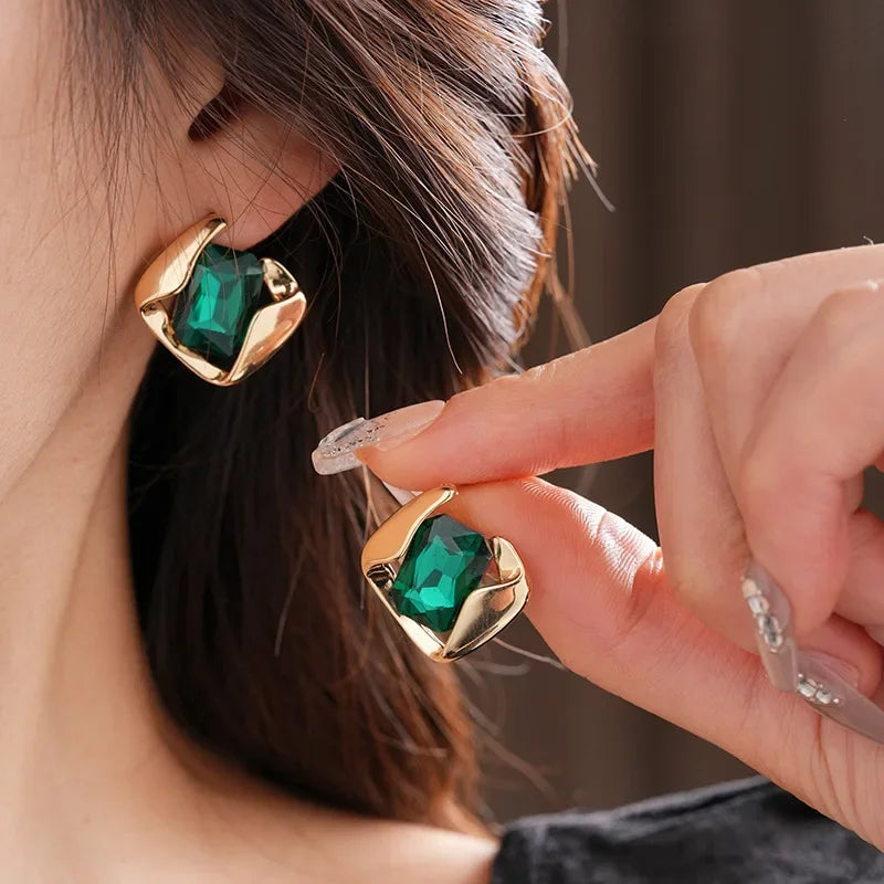 DREJEW Green Fashion Wedding Jewelry Set Wholesale Square Earring Retro Light Luxury Temperament Collarbone Chain Necklace