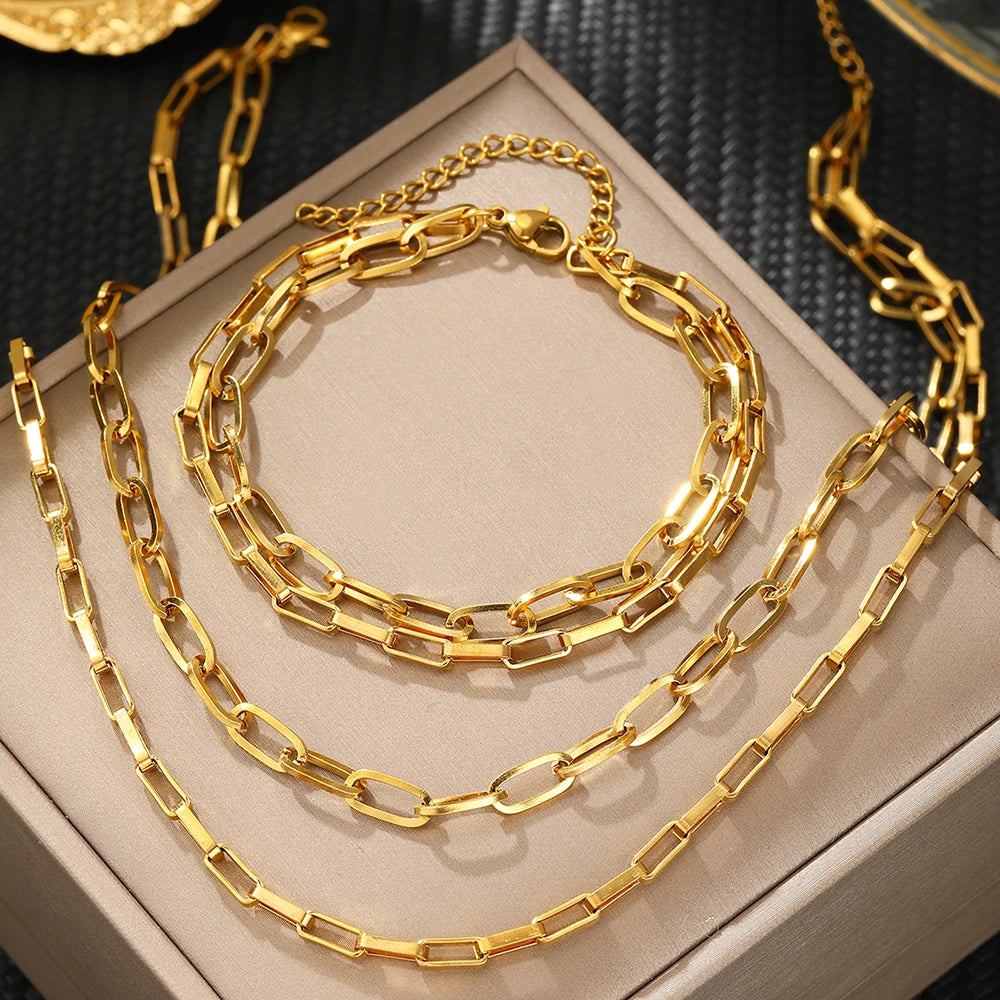 Stainless Steel Jewelry Set Bracelet Necklace Two Piece Layered Chain Design Bracelet Necklace Jewelry Set For Women Jewelry New