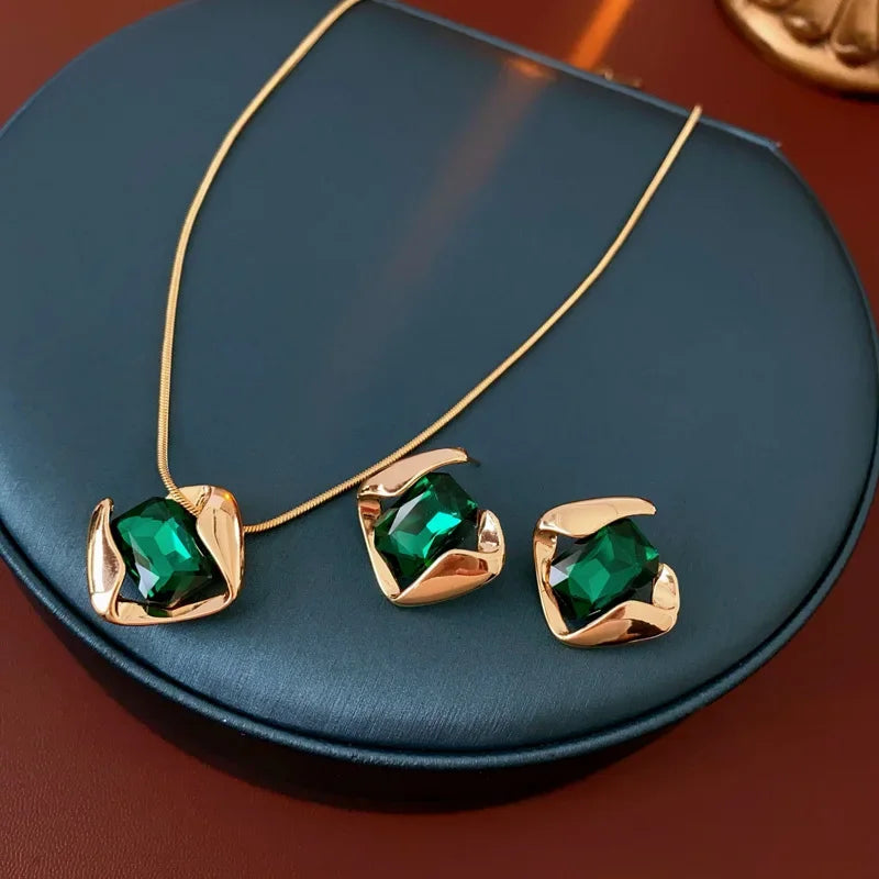 DREJEW Green Fashion Wedding Jewelry Set Wholesale Square Earring Retro Light Luxury Temperament Collarbone Chain Necklace