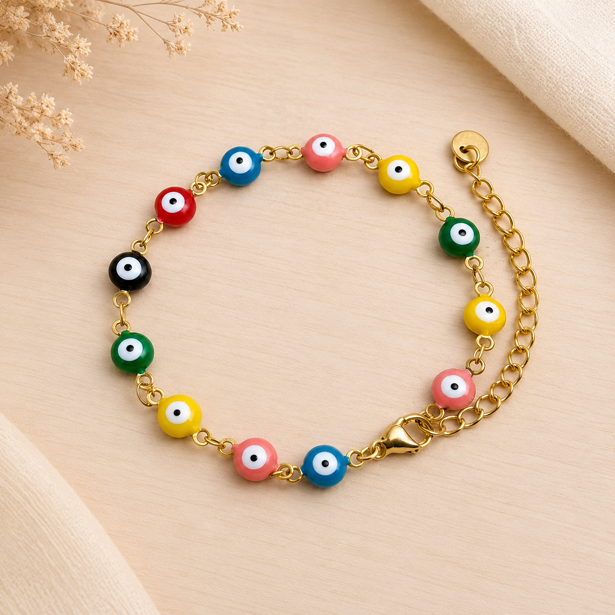 「XINXINIO」カラフルイービルアイ ゴールドブレスレット、彩りお守り、幸運、Evil Eye