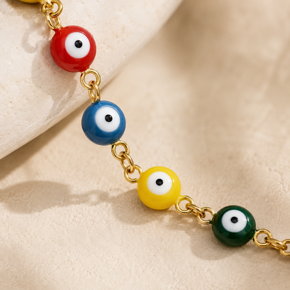 「XINXINIO」カラフルイービルアイ ゴールドブレスレット、彩りお守り、幸運、Evil Eye