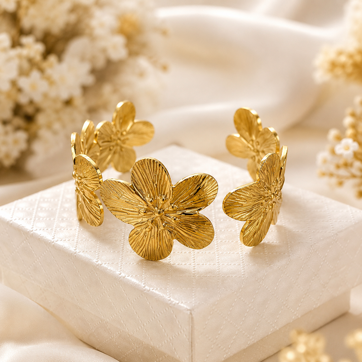 「XINXINIO」 花咲くゴールドブレスレット バングル 手元に咲く 金色の花 フラワーモチーフ