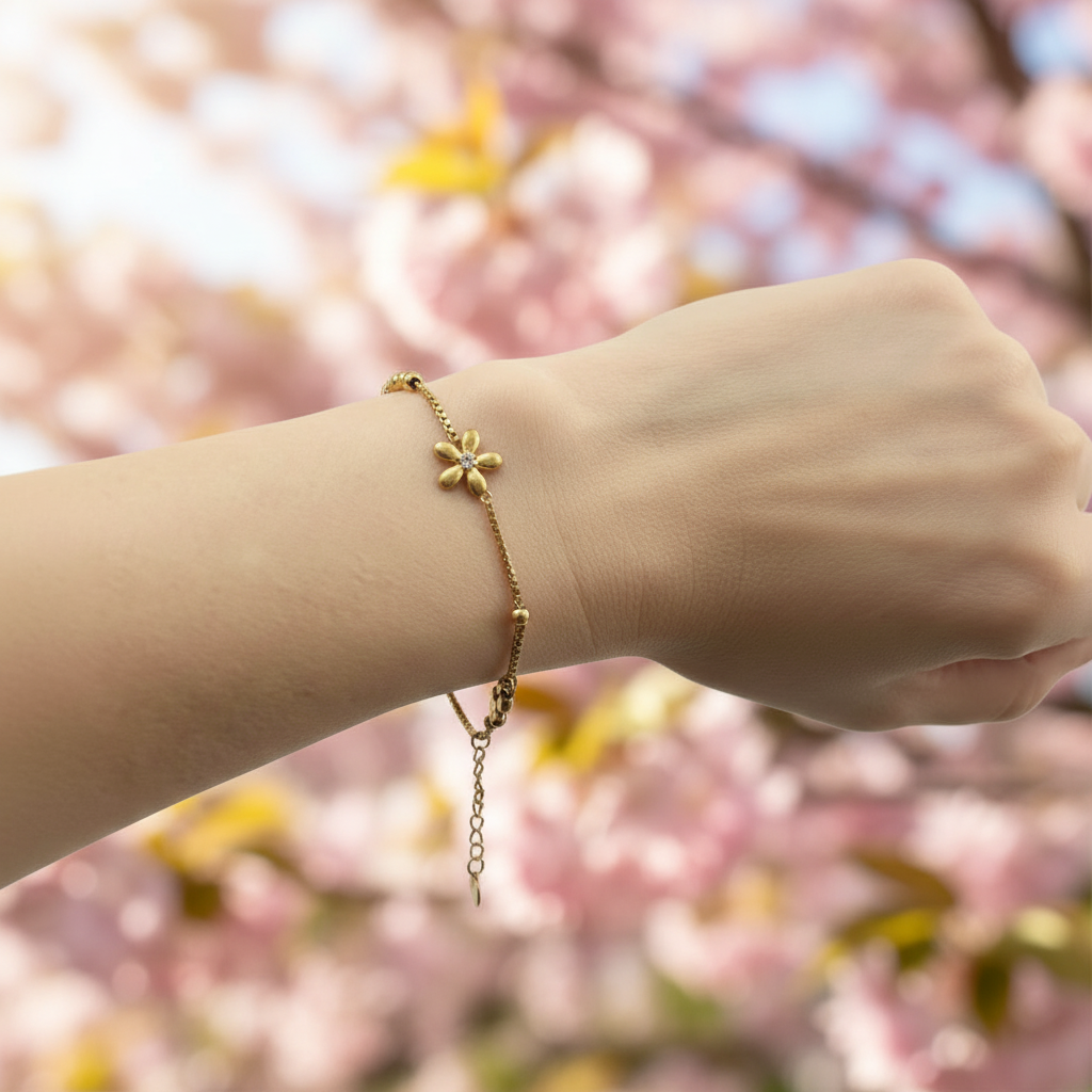 「XINXINIO」フラワーモチーフ ゴールドカラーブレスレット 手元に花を デイリー使いに