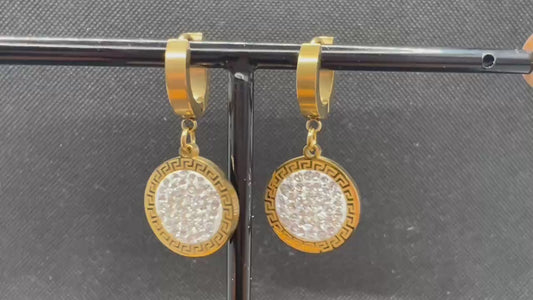 【星河回纹】ギリシャキー パヴェラウンドプレート フープピアス（上品にきらめく）